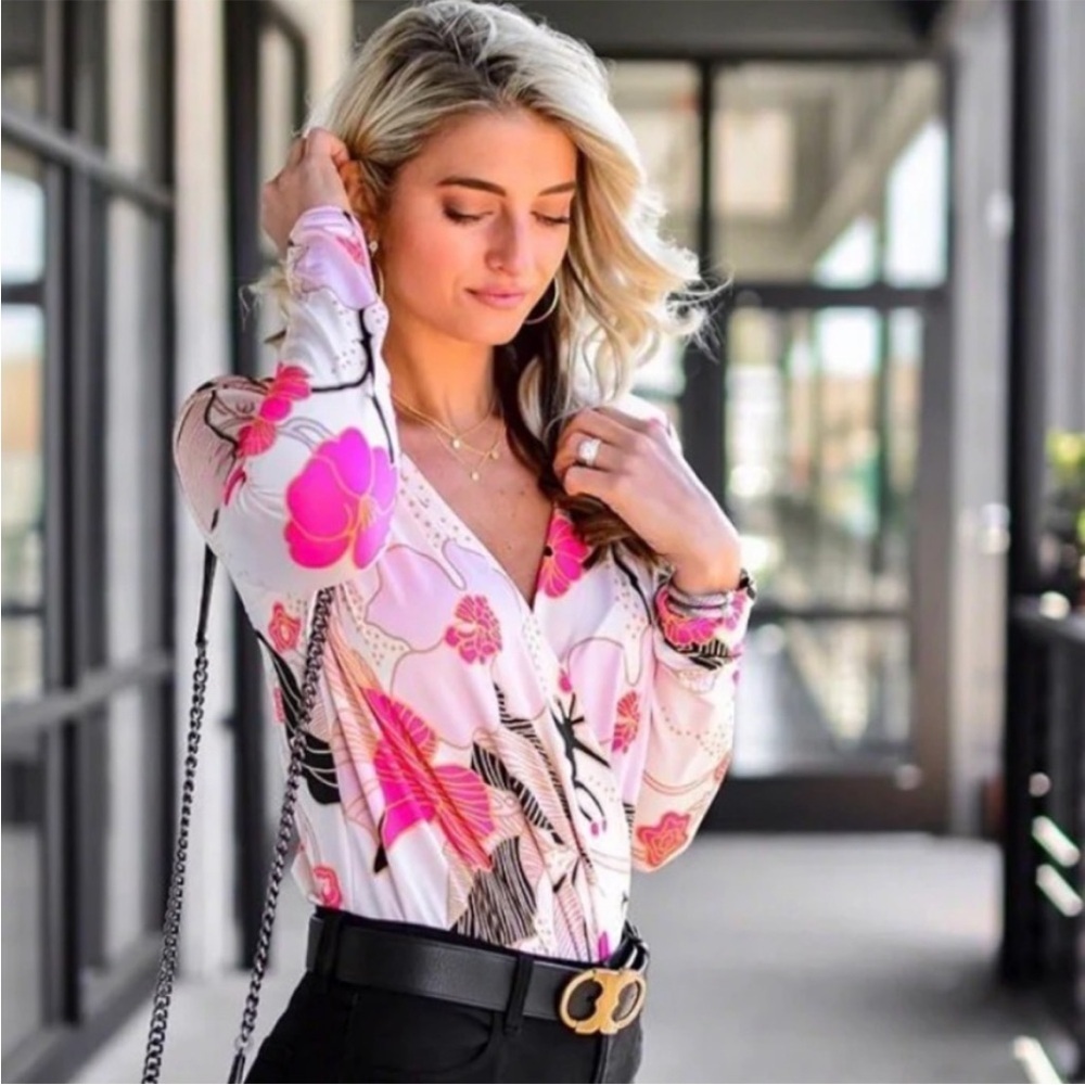 Express Pink Floral Wrap Long-Sleeve Blouse